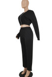 Black Casual Solid Color Pocket Patchwork Zipper Zipper Collar Long Sleeve Two Pieces