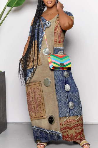 Multicolor Sexy Faux Denim Print Pocket V Neck Short Sleeve Straight Loose Maxi Dresses