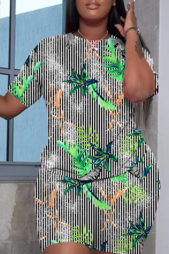 Black White Graphic Print O Neck Short Sleeve T Shirt and Skinny Shorts Casual Plus Size Two Piece Short Set
