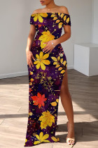 Dark Purple Casual Floral Print Off Shoulder Droped Sleeve High Slit Vacation Maxi Dresses
