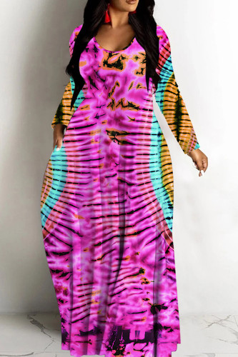 Rose Red Casual Graphic Print V Neck Long Sleeve Vacation Straight Loose Maxi Dresses