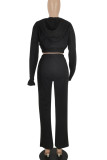 Black Casual Solid Color Pocket Patchwork Zipper Zipper Collar Long Sleeve Two Pieces