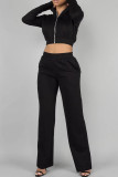 Black Casual Solid Color Pocket Patchwork Zipper Zipper Collar Long Sleeve Two Pieces