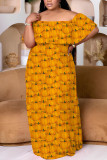 Orange Casual Halloween Skull Print Off Shoulder Casual Vacation Plus Size Straight Loose Maxi Dresses