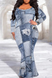 Baby Blue Sexy Faux Denim Print V Neck Long Sleeve Fishtail Plus Size Bodycon Maxi Dresses