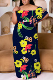 Black Floral Print Backless Off Shoulder Short Sleeve Casual Vacation Plus Size Straight Maxi Dress