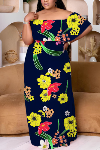 Tibetan Blue Floral Print Backless Off Shoulder Short Sleeve Casual Vacation Plus Size Straight Maxi Dress