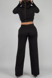 Black Casual Solid Color Pocket Patchwork Zipper Zipper Collar Long Sleeve Two Pieces