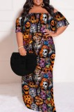 Orange Casual Halloween Skull Print Off Shoulder Casual Vacation Plus Size Straight Loose Maxi Dresses