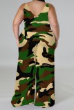 Apricot Casual Graphic Print Sleeveless Backless V Neck Plus Size Wide Leg Cami Jumpsuits