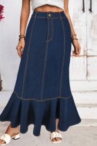 Deep Blue Casual High Waist Ruffled Hem Pleated Denim Maxi Skirts