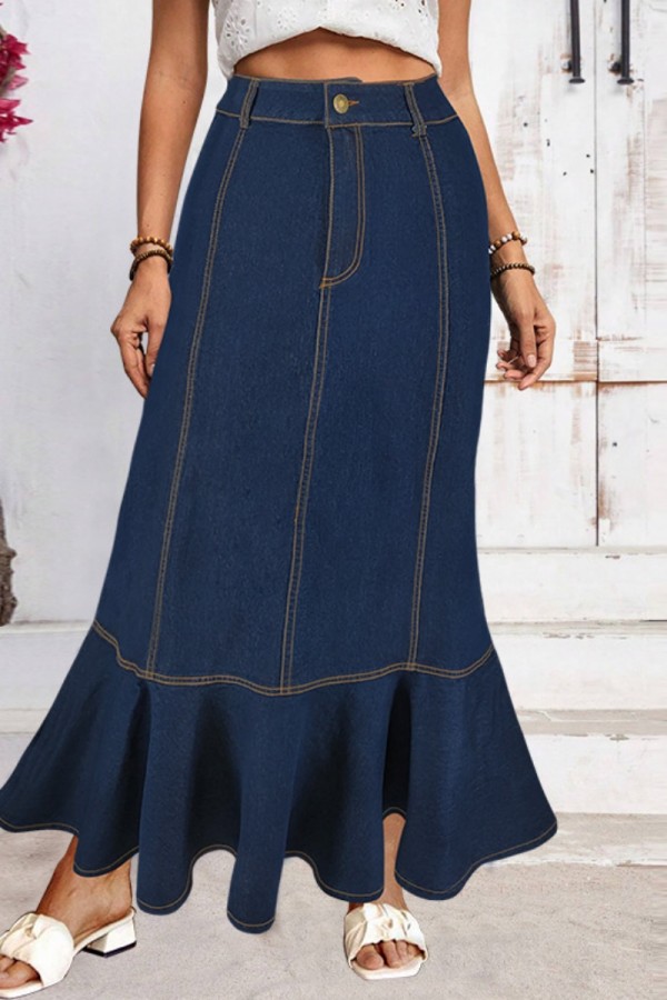 Deep Blue Casual High Waist Ruffled Hem Pleated Denim Maxi Skirts