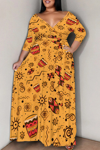 Orange Red Casual Graphic Print Strap Design V Neck Half Sleeve Fall Plus Size Straight Loose Maxi Dress