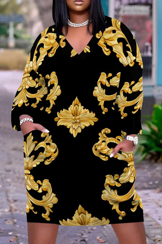 Black Gold Casual Graphic Print V Neck Long Sleeve Pocket Plus Size Straight Midi Dress
