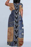 Multicolor Casual Street Faux Denim Print O Neck Short Sleeve Plus Size Straight Loose Maxi Dresses