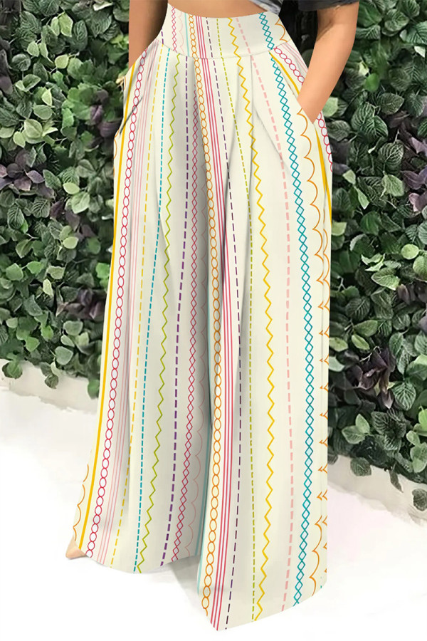 Stripe Casual Camouflage Print Stripe Pocket High Waist Straight Loose Wide Leg Pants