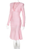 Yellow Deep V Neck Long Sleeve Ruffled Hem Formal Evening Holiday Party Ruched Midi Dress