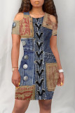 Multicolor Casual Street Faux Denim Print O Neck Short Sleeve Plus Size Bodycon Midi Dresses