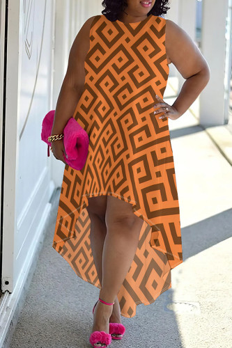 Orange Casual Graphic Print Sleeveless O Neck Irregular Hem Plus Size Straight Midi Dresses