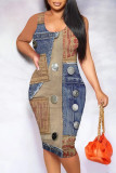 Blue Coffee Sexy Street Faux Denim Print Sleeveless U Neck Bodycon Tank Midi Dresses