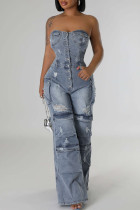 Blue Street Solid Color Ripped Pocket Buckle Patchwork Strapless Sleeveless Loose Denim Jumpsuits