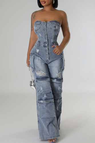 Blue Street Solid Color Ripped Pocket Buckle Patchwork Strapless Sleeveless Loose Denim Jumpsuits