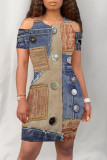 Multicolor Casual Street Faux Denim Print O Neck Short Sleeve Plus Size Bodycon Midi Dresses