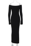Black Off-Shoulder Ribbed Knit Bodycon Maxi Dress Long Sleeve Slim Fit Casual Holiday Party Evening Gown