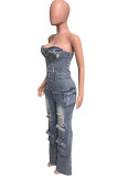 Blue Street Solid Color Ripped Pocket Buckle Patchwork Strapless Sleeveless Loose Denim Jumpsuits