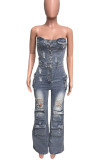 Blue Street Solid Color Ripped Pocket Buckle Patchwork Strapless Sleeveless Loose Denim Jumpsuits