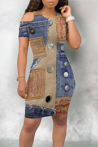 Multicolor Casual Street Faux Denim Print O Neck Short Sleeve Plus Size Bodycon Midi Dresses