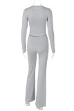 Grey Casual Crewneck Long Sleeve Top and Draw String Skinny Pant Sportwear Two Piece Jogging Suit