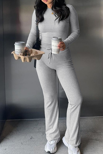 Grey Casual Crewneck Long Sleeve Top and Draw String Skinny Pant Sportwear Two Piece Jogging Suit