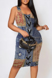 Blue Coffee Sexy Street Faux Denim Print Sleeveless U Neck Bodycon Tank Midi Dresses
