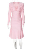 Yellow Deep V Neck Long Sleeve Ruffled Hem Formal Evening Holiday Party Ruched Midi Dress