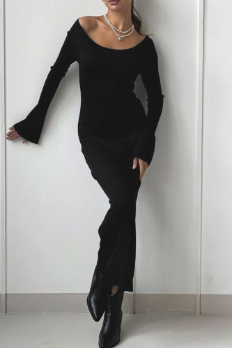 Black Off-Shoulder Ribbed Knit Bodycon Maxi Dress Long Sleeve Slim Fit Casual Holiday Party Evening Gown