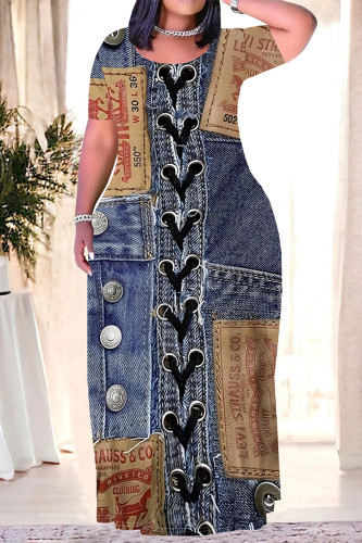 Dark Blue Casual Street Faux Denim Print O Neck Short Sleeve Plus Size Straight Loose Maxi Dresses