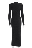 Black High Neck Glitter Maxi Dress Formal Gala Side Slit Long Sleeve Shimmer Evening Party Gown