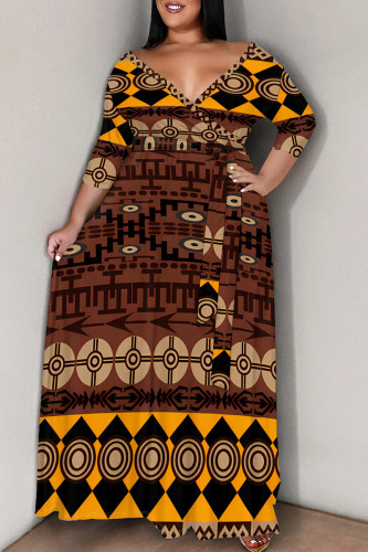 Brown Casual Graphic Print Strap Design V Neck Half Sleeve Fall Plus Size Straight Loose Maxi Dress