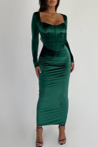 Green Formal Velvet Corset Long Sleeve Top and Bodycon Maxi Skirt Sweetheart Neckline Ruched Two Piece Dress Set