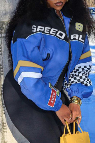 Blue Sporty Racing Graphic Zip-Up Colorblock Casual Streetwear Bomber Jacket