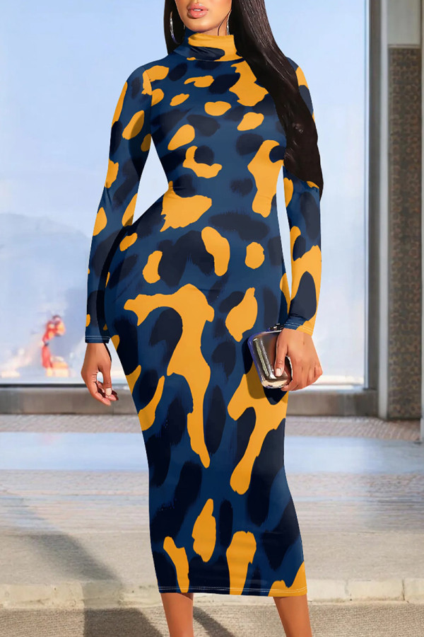 Orange Blue Graphic Print Mock Neck Long Sleeve Bodycon Maxi Dress