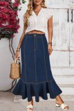 Deep Blue Casual High Waist Ruffled Hem Pleated Denim Maxi Skirts