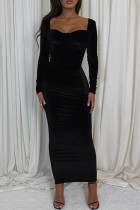 Black Formal Velvet Corset Long Sleeve Top and Bodycon Maxi Skirt Sweetheart Neckline Ruched Two Piece Dress Set