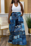 Blue Khaki Casual Faux Denim Print High Waist Wide Leg Trousers