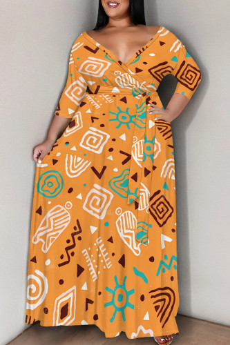 Light Orange Casual Graphic Print Strap Design V Neck Half Sleeve Fall Plus Size Straight Loose Maxi Dress