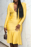 Yellow Deep V Neck Long Sleeve Ruffled Hem Formal Evening Holiday Party Ruched Midi Dress