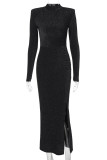 Black High Neck Glitter Maxi Dress Formal Gala Side Slit Long Sleeve Shimmer Evening Party Gown