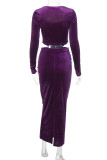 Purple Formal Velvet Corset Long Sleeve Top and Bodycon Maxi Skirt Sweetheart Neckline Ruched Two Piece Dress Set