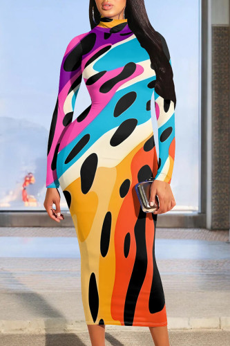 Colour Graphic Print Mock Neck Long Sleeve Bodycon Maxi Dress